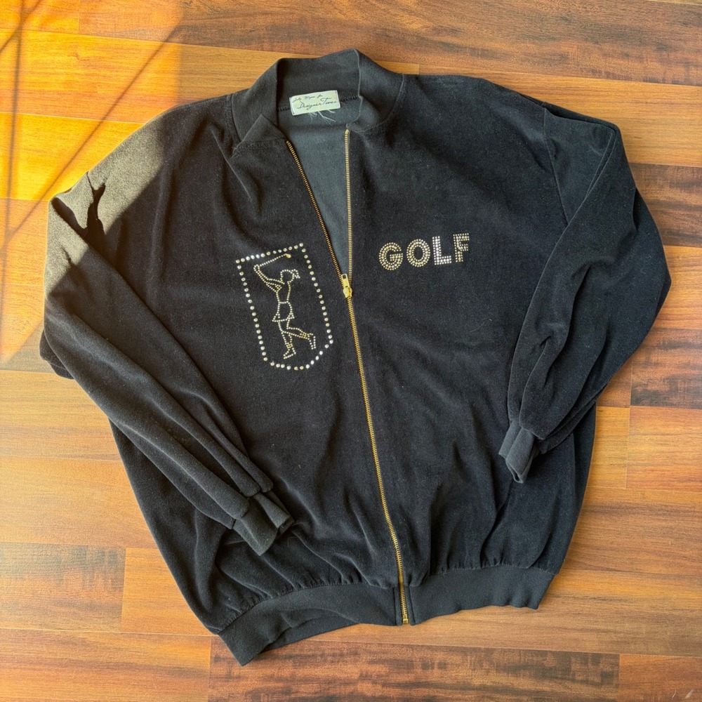 Judy Myers for Designer Times Vintage Black Velour Rhinestone‎ Golf Jacket L XL